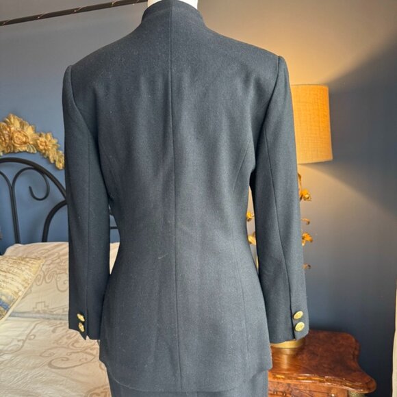 Vintage 90s 100% Wool Black Skirt Suit w Gold Buttons - Picture 5 of 16
